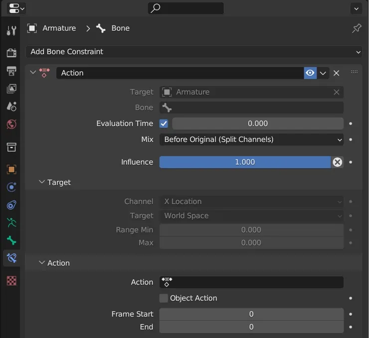 Bone Constraint 介面，Action設定面板