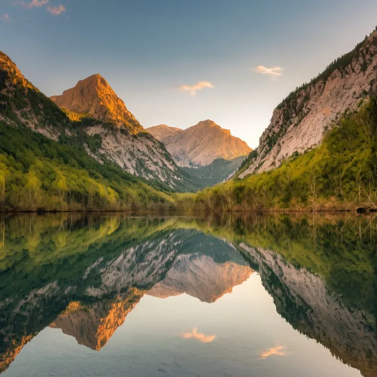 A photo of a serene landscape with a calm lake reflecting the towering mountains and lush green forests. The sky is clear with a few clouds. The photo has a golden hour lighting with the sun setting behind the mountains. The reflection of the mountains and trees in the lake is crystal clear. The photo has a soft orange hue due to the setting sun.
