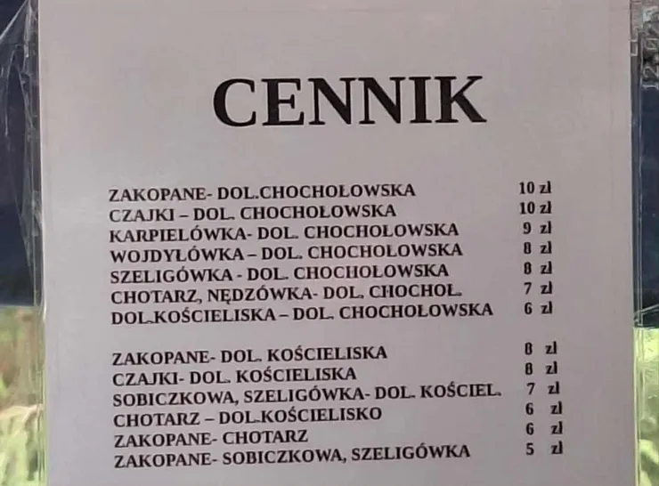 札克帕內往返 Dolina Chochołowska 的小巴票價表 (2025/08)