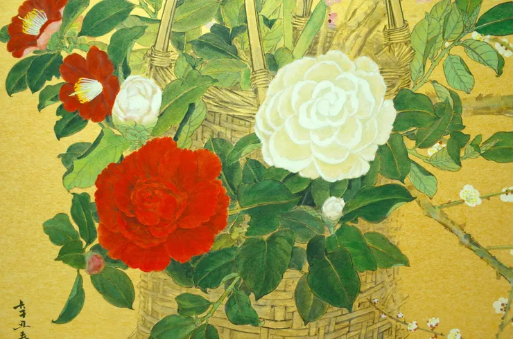 〈歲朝清供〉局部—複瓣單瓣山茶花