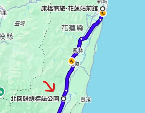 花蓮康橋商旅到北回歸線公園約1.5小時/google map