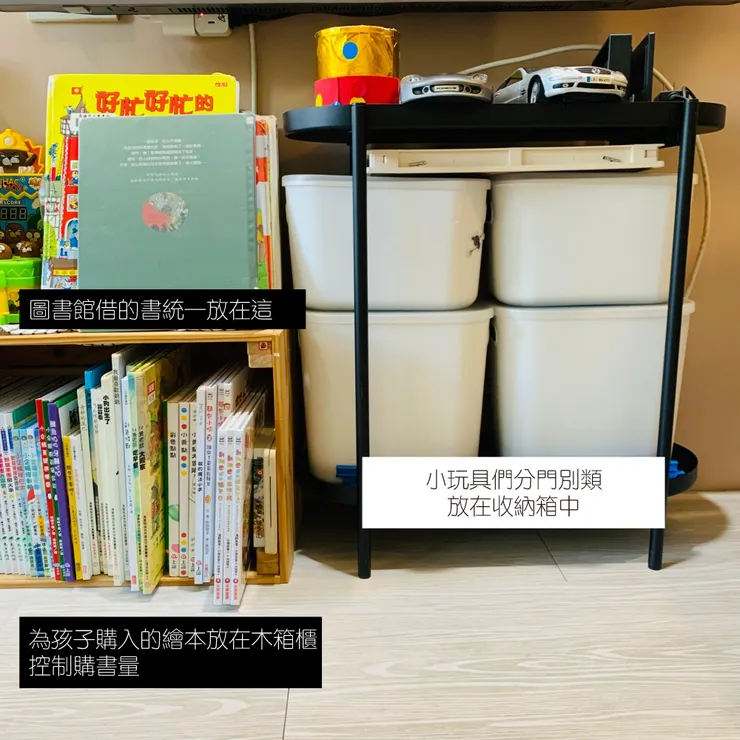 客廳收納一角．因為我們家很小，所以電視下方不擺電視櫃，用無印良品的白色收納箱簡單收納