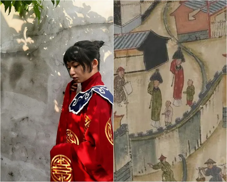 穿著仿清代初期府城女子穿著的服裝，跟曲巷冬晴的老牆與笳苳樹很相配。