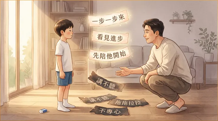 蹲下來平視，是打破低期待循環的第一步。當大人先陪孩子開始，孩子才比較有機會慢慢重新啟動。