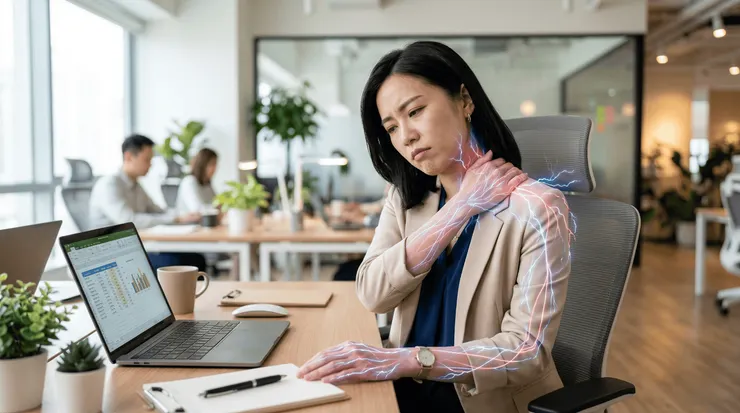 👉 長時間工作造成肩頸緊繃與手部刺麻，是常見的神經負荷訊號