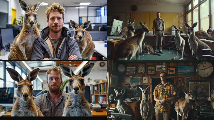 第二次嘗試 bust shot of a man standing between kangaroos in an office, --ar 16:9