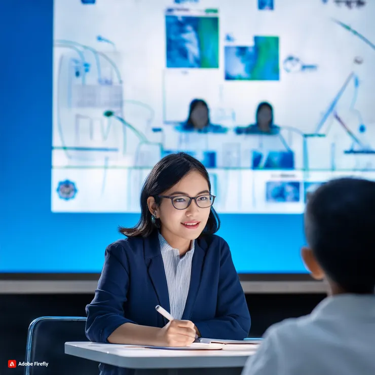 一個眼睛閃亮亮地在詢問學生問題的理科老師 (小昕咒語Adobe生成)