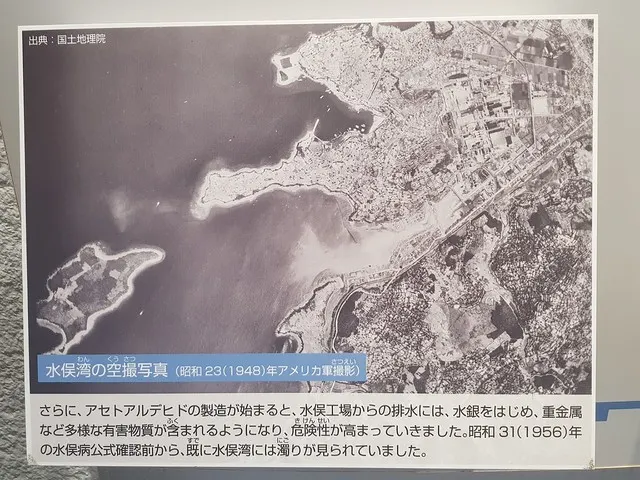 1948年的水俁灣空照圖,可見百間排水口外已有大量重金屬污染