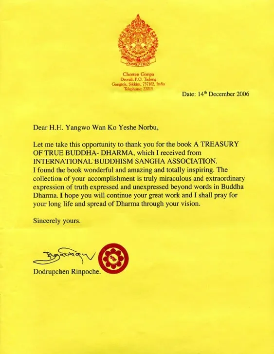 Recognitions & Congratulations to H.H. Dorje Chang Buddha III from H.H. Dharma King Dodrupchen, the World’s Sole Holder of the Highest Rainbow Body Accomplishment Dharma