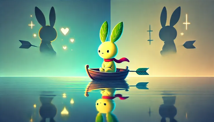 樂尼兔坐在一艘小船上，平靜的海面上被兩種力量輕輕推動。