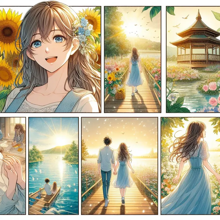 陽光灑在公園的草地上，我站在湖邊亭子裡，緊張地看著遠方，手裡捧著向日葵