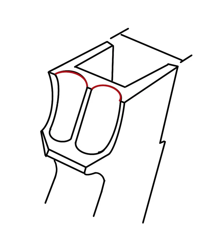 這是弦軸箱剖面的線稿。弦軸箱的胖瘦，指的是額外標示出的距離線寬度。裝飾槽則由紅線標示，每位製琴師在深淺與曲率上都有各自的偏好。