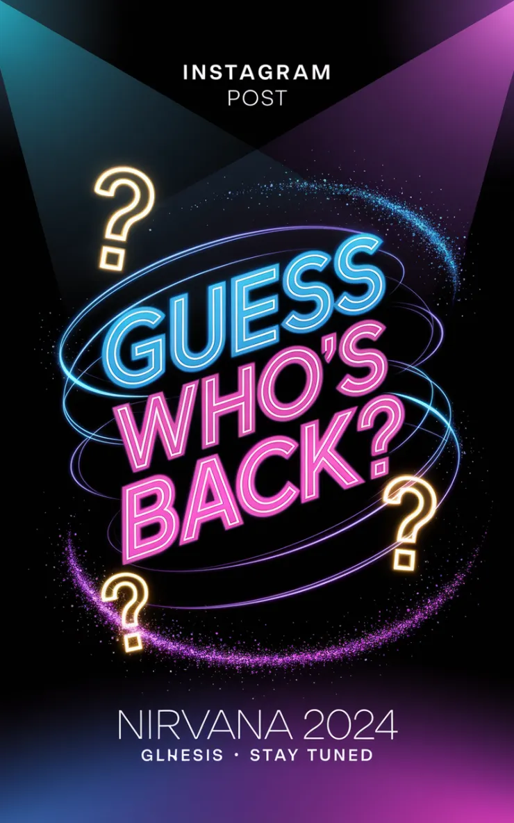 "A stunning teaser Instagram post for an event with dimensions 3x1 inches. The design features a dark gradient background blending black and deep purple, with vibrant neon elements in electric blue, neon pink, and bright yellow. The central text reads 'GUESS WHO'S BACK?' in bold, glowing neon typography with a dramatic 3D effect. Surrounding the text are scattered glowing question marks (❓) of varying sizes, adding intrigue. The bottom section includes smaller text that says 'NIRVANA 2024 • STAY TUNED' in a clean, modern font. The design incorporates subtle spotlight beams, abstract swirls, and glittery particle effects for depth and energy, creating a mysterious yet electrifying vibe perfect for an event teaser."