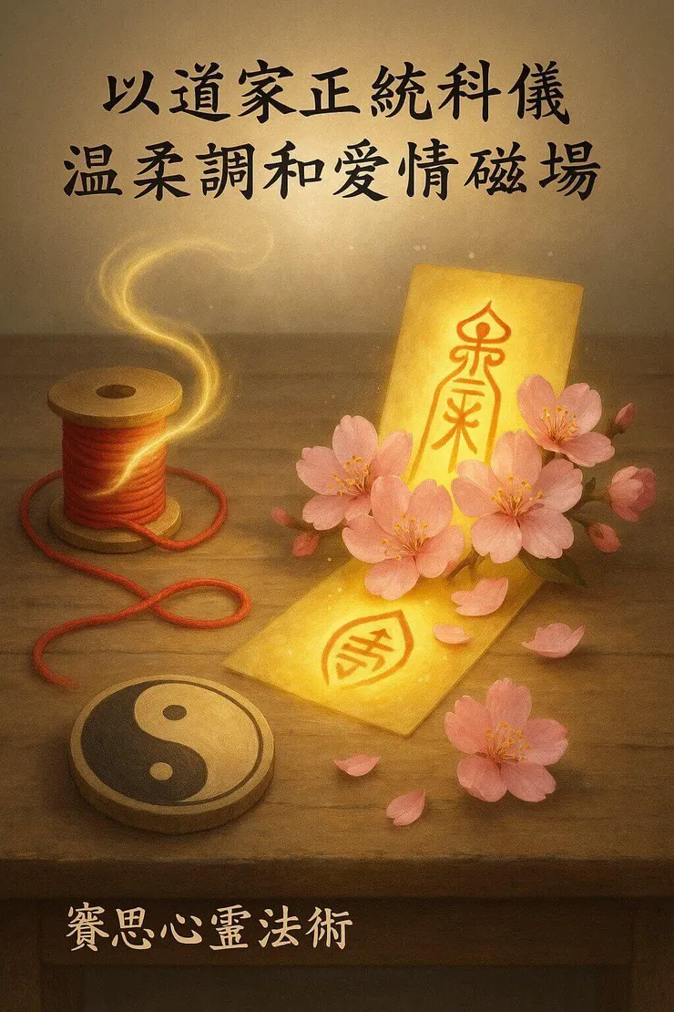 象徵道家和合術的科儀元素,包含月老紅線與招桃花能量,展示賽思心靈法術如何透過正統能量學調整愛情磁場,清理阻礙。