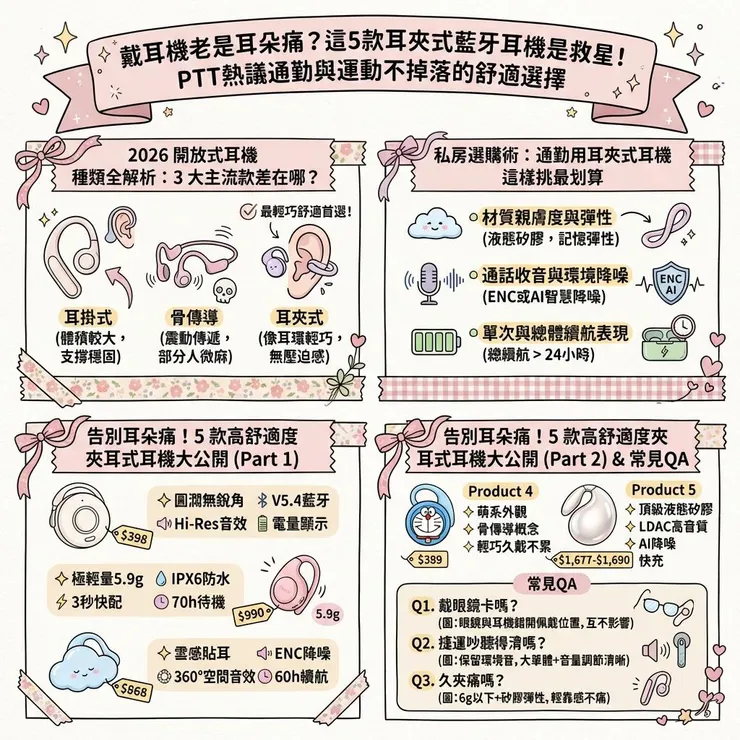 戴耳機老是耳朵痛？這5款耳夾式藍牙耳機是救星！PTT熱議通勤與運動不掉落的舒適選擇