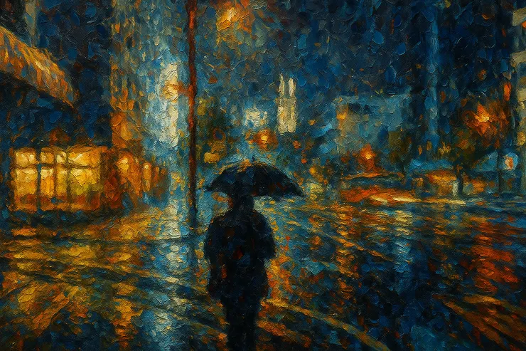 雨夜城市的孤獨行人