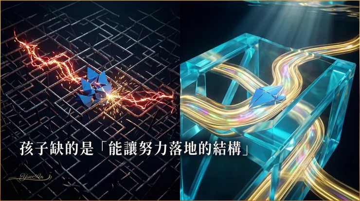 💡 「環境結構化」的威力：在干擾多、規則不清的情境裡，ADHD 大腦每天都像在對抗很高的認知摩擦力與挫折感（圖左）。當我們把流程變得更一致、回饋更即時、步驟更可視化，孩子的努力才有機會真正落地滑行（圖右）。
