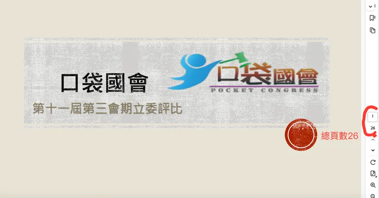 口袋國會的第十一屆第三會期立委評比簡報，共計26頁