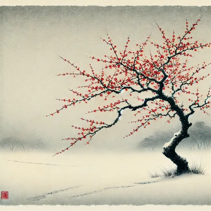 和ChatGPT幾經討論後終於產出的寒梅圖，獻給讀完這個故事的每一個你。