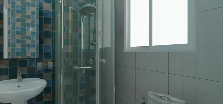 這裏跟我家滿像，也是淋浴間在洗手盆和馬桶中間，洗手盆在左邊，馬桶在右邊。