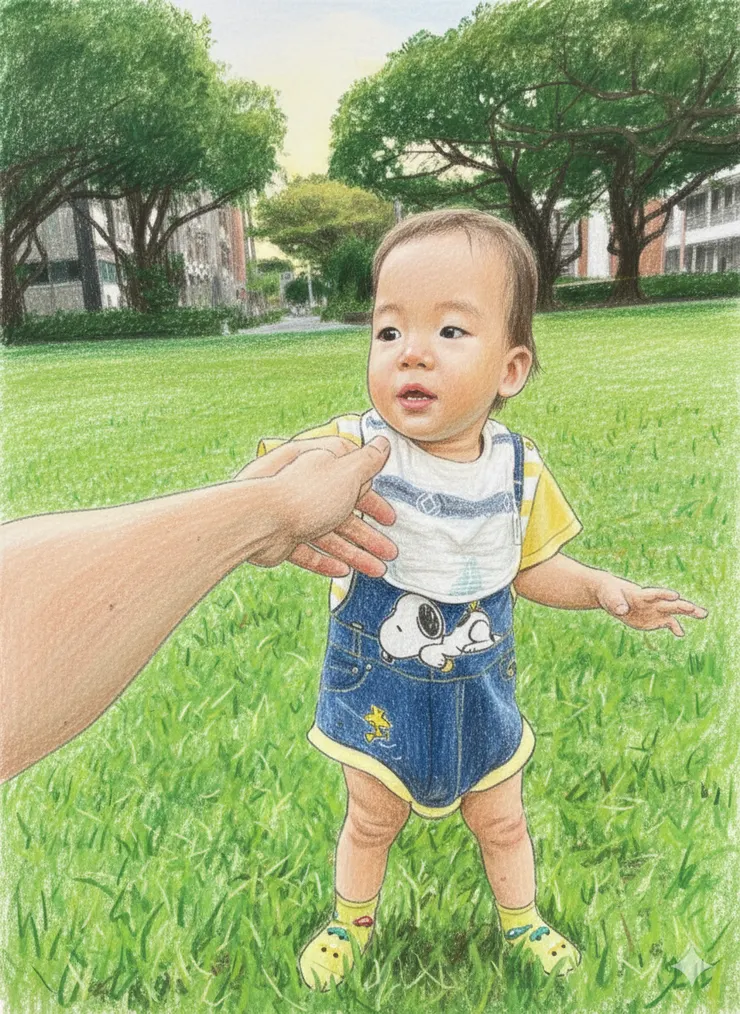 在草地上練習走路的多多