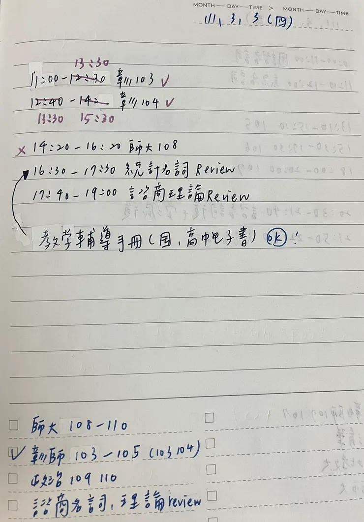 備考每天的checklist參考示意圖