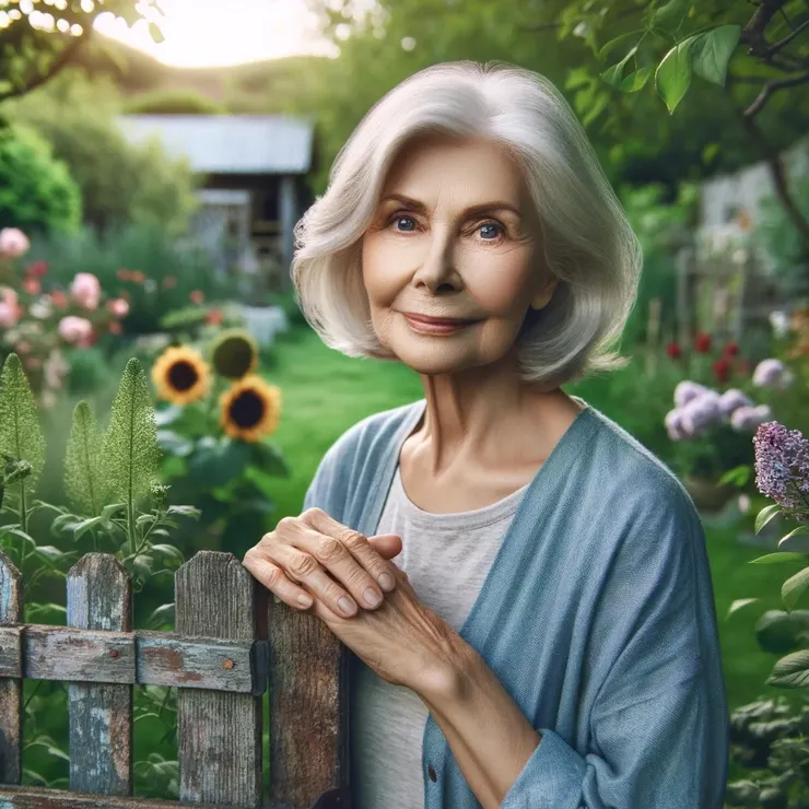 Her smile and the peaceful demeanor suggest she is someone who finds happiness in her surroundings and the life she has cultivated, much like her garden.