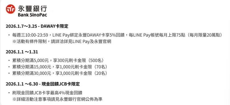 1月酷澎刷永豐，最高回饋3,000元