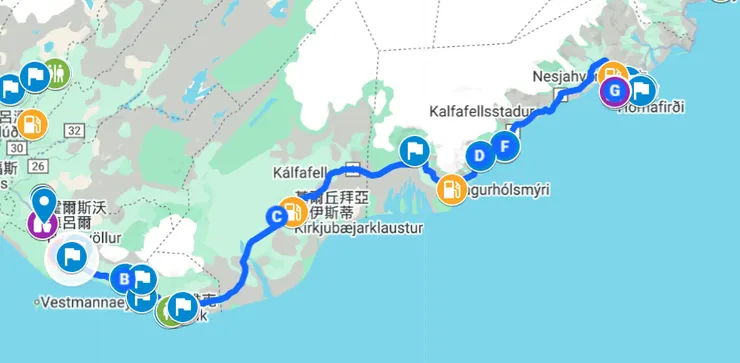 Skógafoss瀑布（彩虹瀑布）羽毛河峽谷Fjarárgljufur小冰川傑古沙龍冰河湖 (Jökulsárlón) 鑽石冰沙灘 (Diamond Beach)小漁村霍芬鎮龍蝦餐廳Pakkhús Restaurant