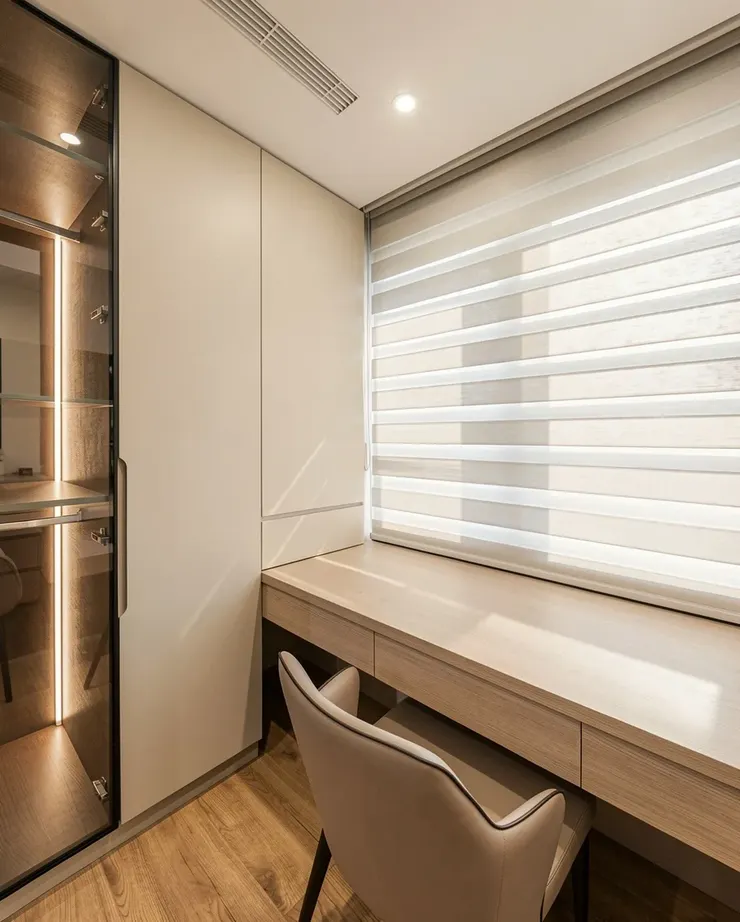 梳妝台窗邊一角，自然採光＋展示格，準備出門的完整場景