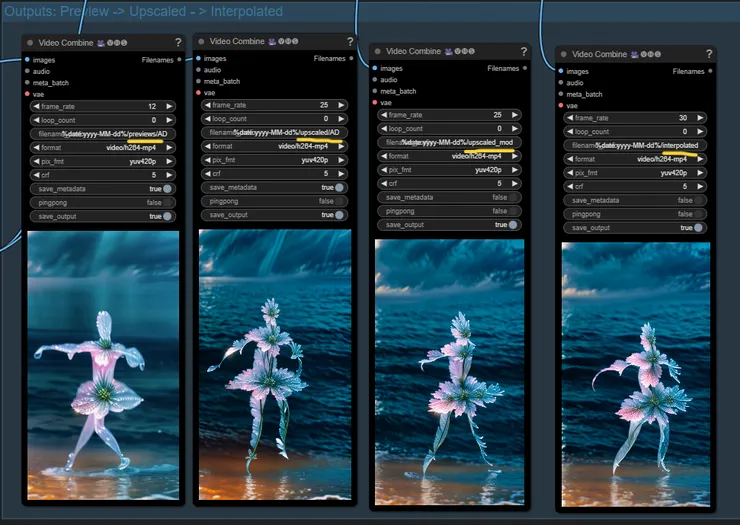 ▲左至右分別為 preview(預覽)、upscaled(放大過)、Interpolated(補幀過),主要看第3個 upscaled 的成果即可