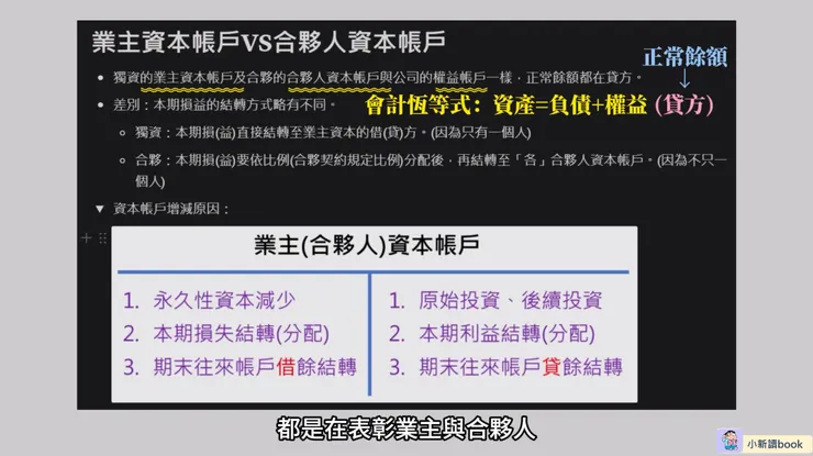 業主(合夥人)資本帳戶增減的原因。