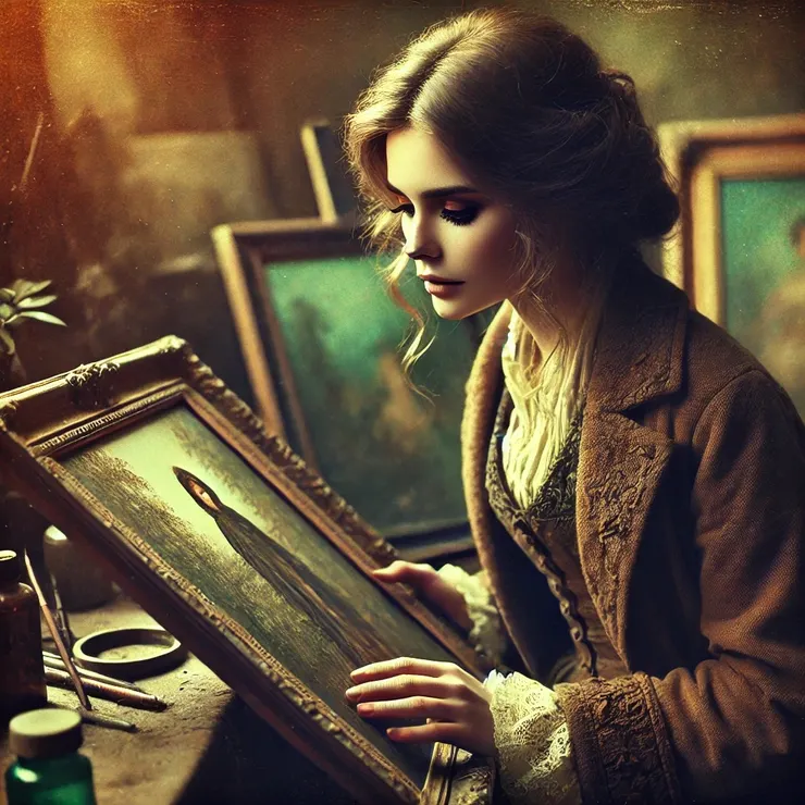 The background was a swirl of earthy browns and soft greens, while the figure - a young woman - was bathed in a pale amber light.