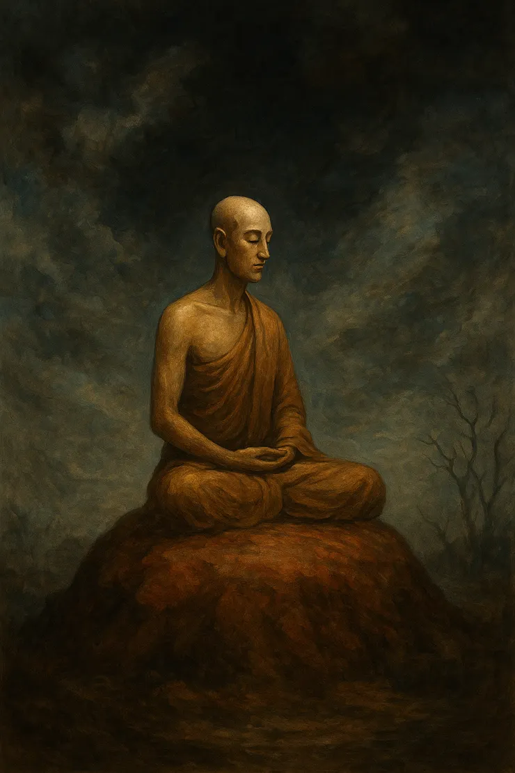 靜坐的姿態顯示一種決斷前的寧靜，代表「慈悲已經成熟，願心已經確立」  這幅畫不是直觀的故事場景，而更像是一種是一種在靜默中醞釀、在苦境中成熟的慈悲力量。