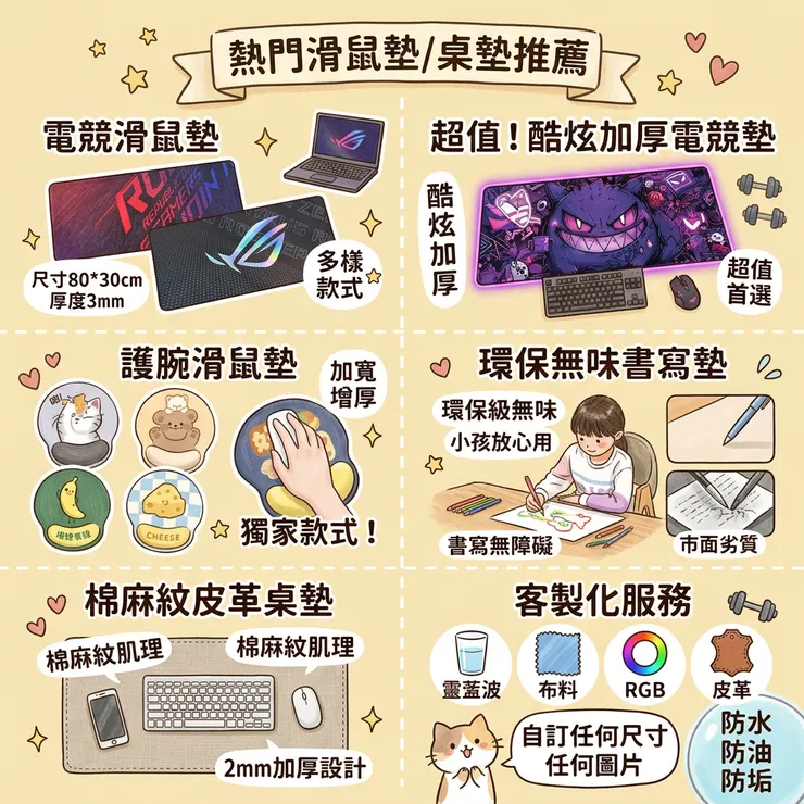 【滑鼠墊推薦】告別手腕痠痛發炎！Dcard/PTT熱議評比：辦公族/人體工學，電競滑鼠墊/動漫超大防滑電競桌墊