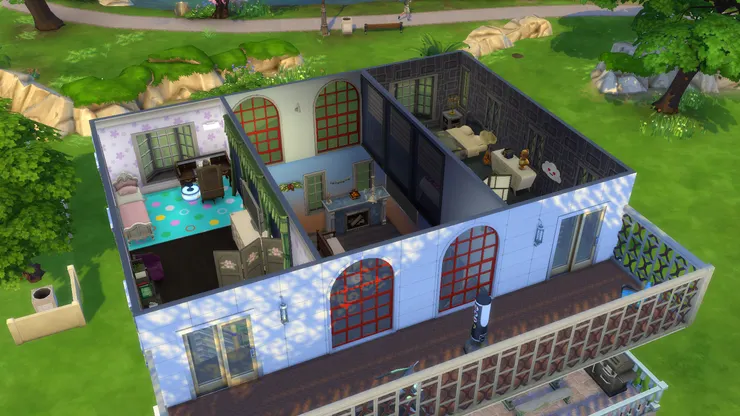 露台是心血來潮加上去的，現實中當然沒有，卻意外地打通了兩個房間。而健身器材因屋內沒有位置而放在這裏。不過下次再建這種房子我不會加露台了，其實不那麼好看。