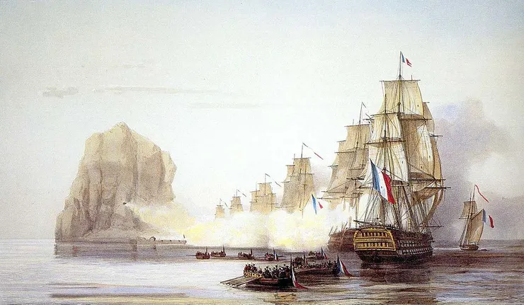 由科斯芒-克爾朱利安上校率領的法國艦隊正在攻擊鑽石岩（馬提尼克島）。奧古斯特·邁耶（Auguste Mayer）的畫作。