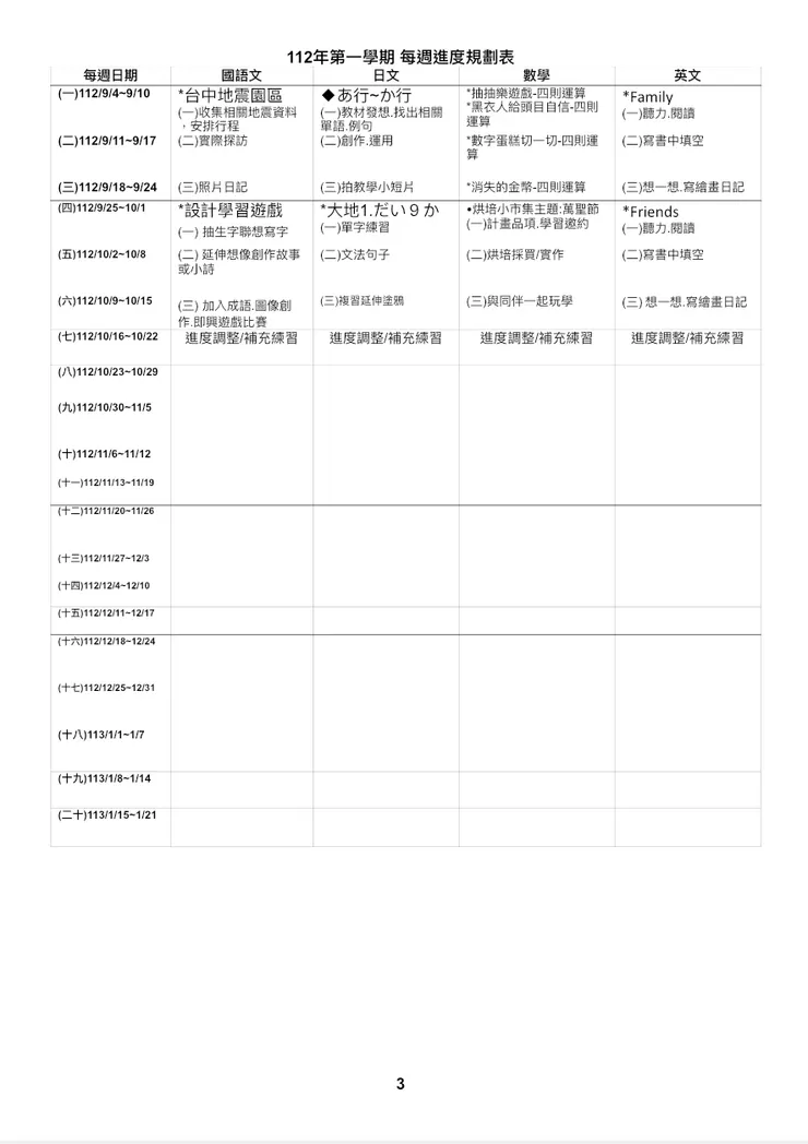 這張是每週進度安排表。