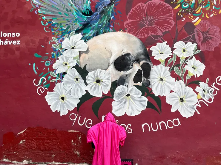 Oaxaca老城區的壁畫，街頭藝人正在壁畫前整裝。