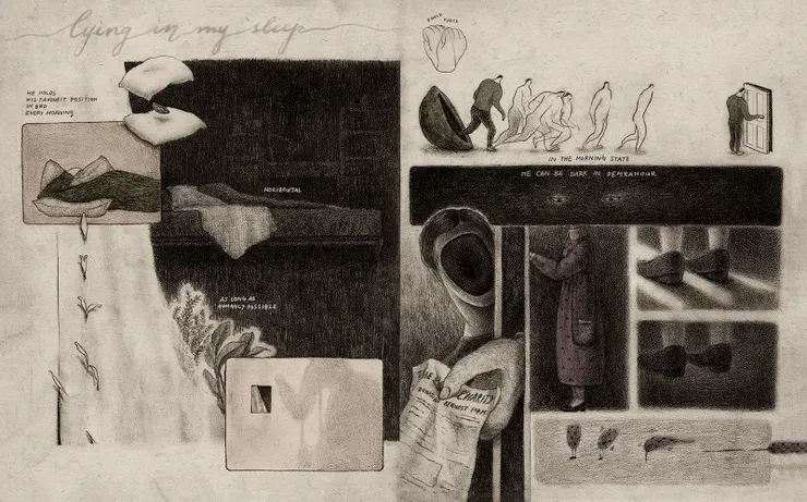 作品 Lying in my sleep，霈欣過去的創作多以灰階為主。