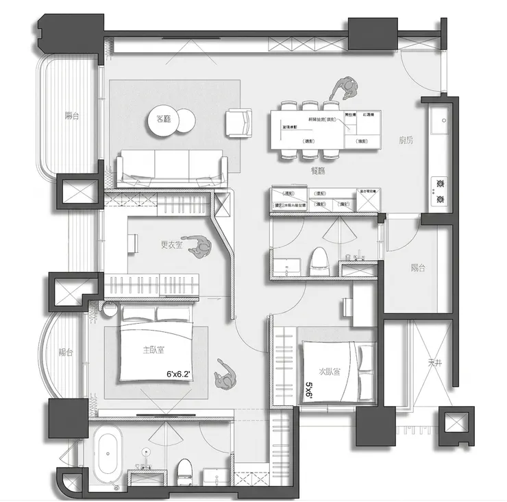 格局調整後平面圖，主臥往左延伸，更衣室獨立，走廊斜牆銜接動線