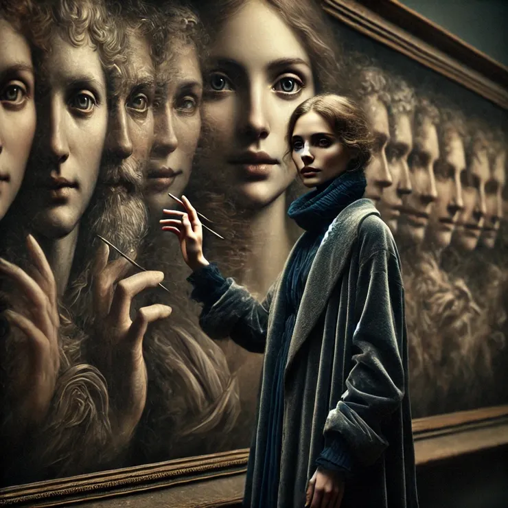 She traced the faded lines, uncovering remnants of different eras - hints of Renaissance softness, the sharp lines of modern abstraction, the subdued hues of a fading photograph.