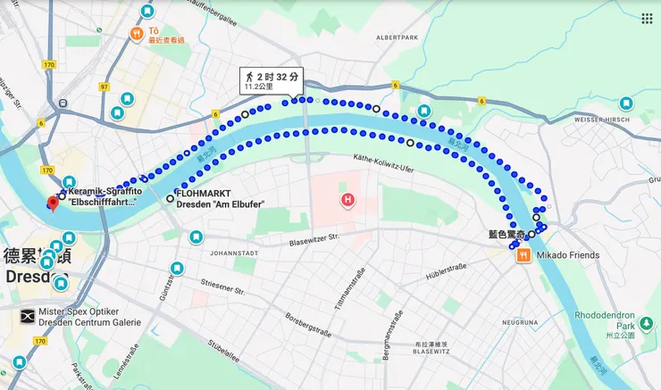 從下午四點多跑到五點多，沿河左岸再到右岸（河由右往左流）