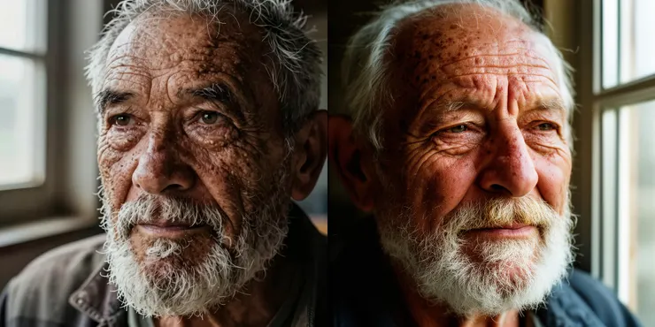 Prompt: A candid, hyper-realistic photographic portrait of an elderly fisherman's face. His skin is deeply weathered, with every wrinkle, sun spot, and coarse pore visible. He has a messy white beard. Natural side lighting from a window (Rembrandt lighting) sculpts his face, highlighting the rough texture. Film grain aesthetic. (左：Z-Image-Turbo 右：FLUX-2 [dev])