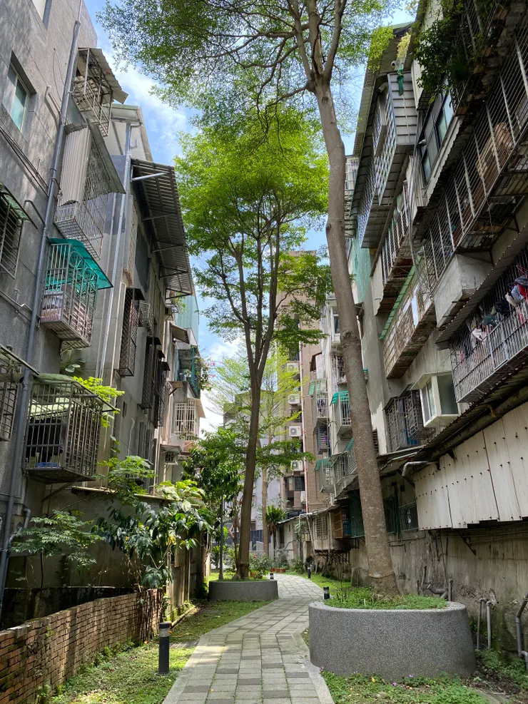 公寓後巷整理成美麗的綠廊道，萬盛溪在腳下蜿蜒流過。