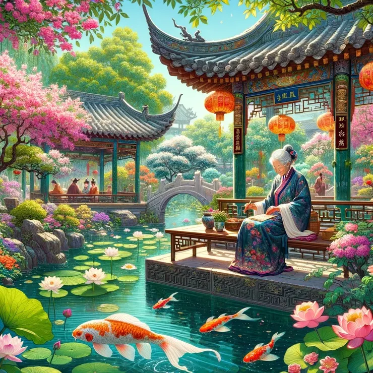 周圍充滿象徵祝福的元素，如清淨的蓮花、象徵平安的鯉魚，以及豐盛喜悅的果實，整個場景散發出一股溫暖而祥和的氣息，表達對長者的深厚祝福和對傳統文化的尊重