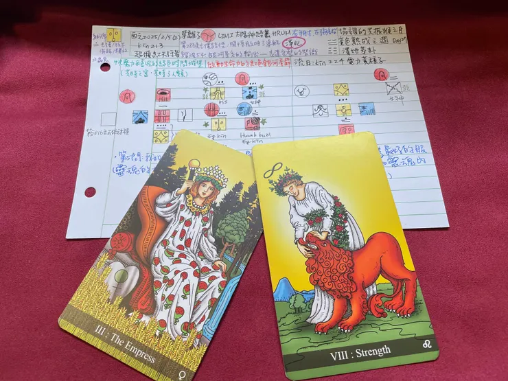 我每天畫宇宙日與流日的卡片，還有女皇牌與力量牌