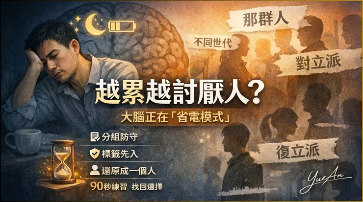 大腦開啟「省電模式」示意圖：當疲勞來襲，大腦會傾向將複雜的人際關係簡化為標籤，以降低耗能。