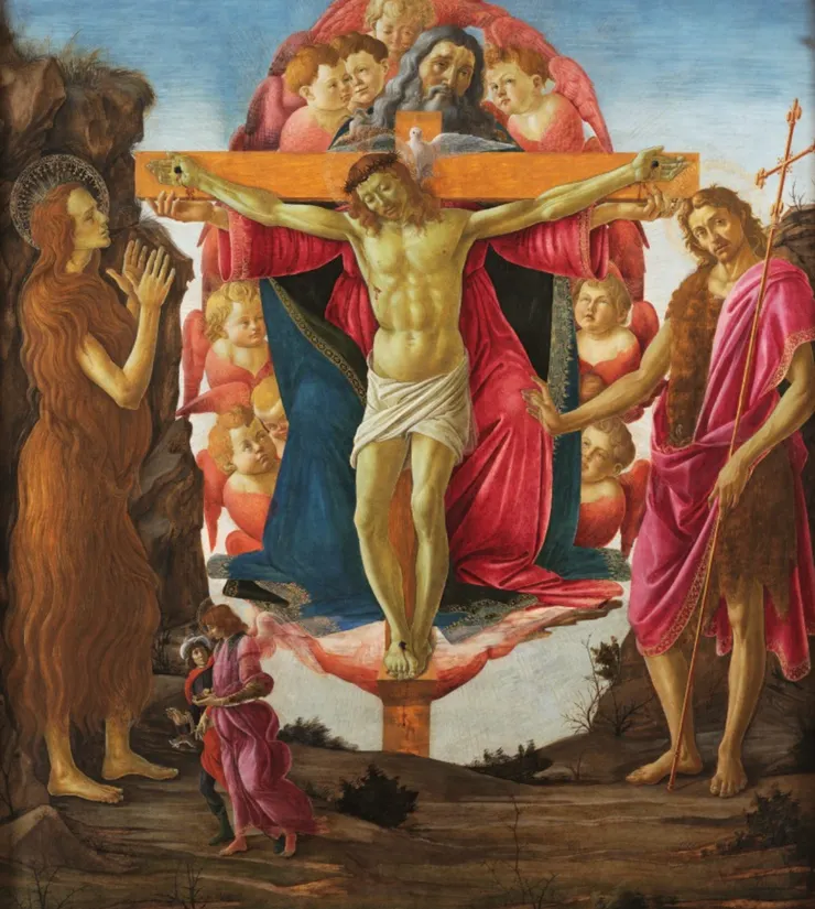 作品名稱：《Trinity with St. Mary Magdalen and St. John the Baptist》（三位一體與聖瑪利亞·瑪達肋納及施洗者約翰） 創作時間：約1491-94年 媒材：蛋彩畫板 收藏地點：英國考特奧德藝術學院（Courtauld Institute of Art）