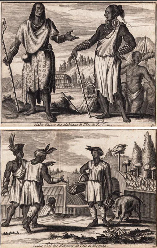 1670年荷蘭人所描繪的福爾摩沙人之長老與常民 (圖為原住民發生爭端時,由十二名男子所組成的長老會議協助調停解決;下圖為福爾摩沙原住民在結婚後,妻子及丈夫依然分別在自己家裏食宿,他們也擁有自己的田地,可以耕種稻穀雜糧養活自己) By O. Dapper, Public domain, via Wikimedia Commons